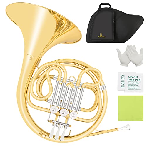 ROWELL Single French Horn 3 Keys Gold Lacquer F Horn with Case, Mouthpiece, Gloves and Polishing Cloth
