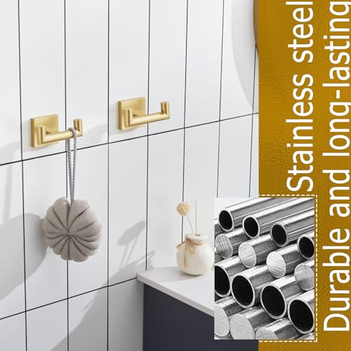 Image of KOKOSIRI Robe Hooks Bathroom Double Towel Coat Hook for Bath Kitchen Wall Mounted, 2 Pack Brushed Gold Stainless Steel B1015BG-P2