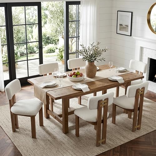 Image of HNY Modern Farmhouse Boucle Dining Chairs Set of 4, White Sherpa Fabric Upholstered Dining Room Kitchen Chairs with Natural Wood Frame & Curved-Back, Armless Accent Wood Chairs for Dining Living Room
