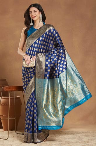 Image of Janasya Women's Sea Green Linen Blend Geometric Woven Design Jacquard Saree with Blouse Piece