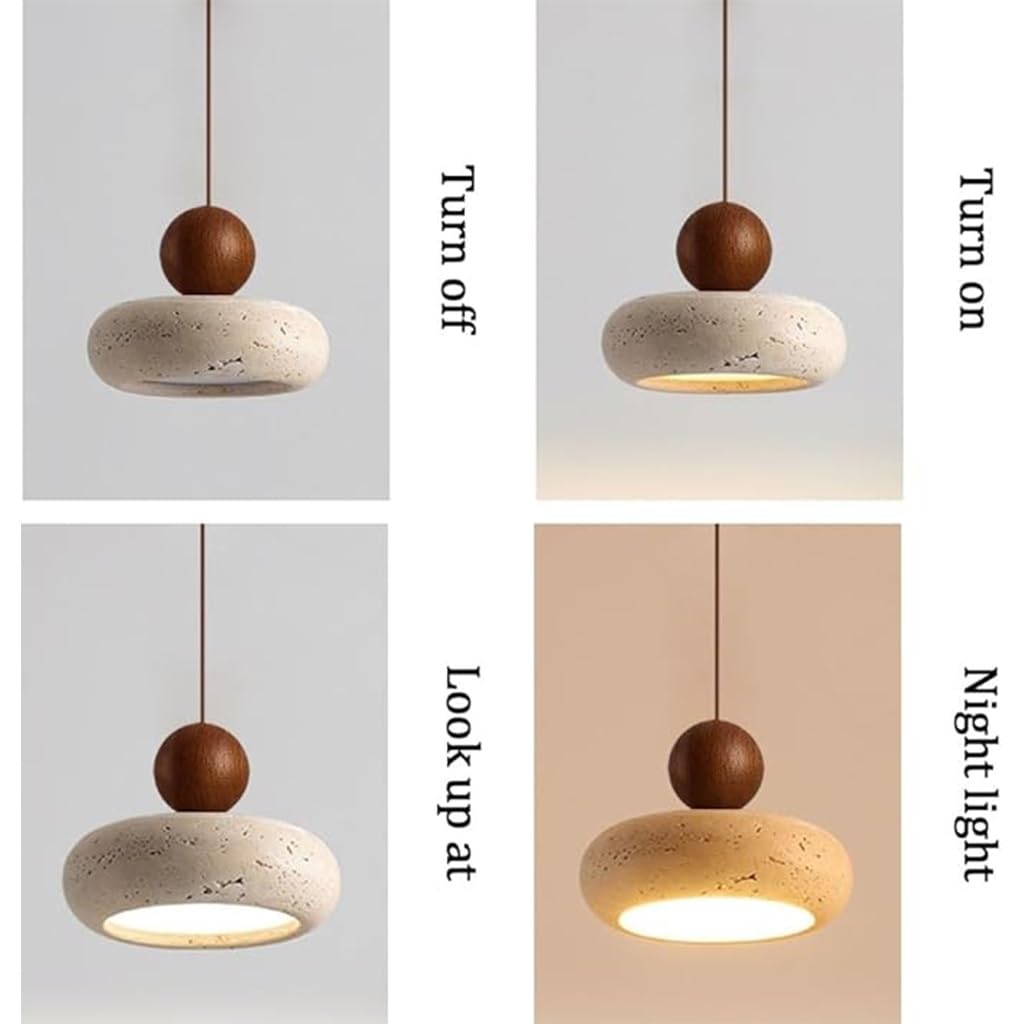 Suspension LED Bois & Travertin Wabi-Sabi 1/3 Lumières | Lustre Nordique Vintage En Pierre Naturelle Jaune, Hauteur Réglable Pour Salle À Manger, Salon, Chambre & Cuisine(20cm)