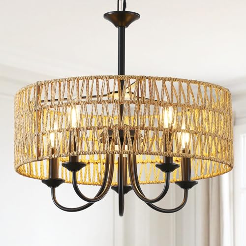 Webfkh 7057-5BK Modern Farmhouse Rattan Chandelier,5-Lights Large Boho Pendant Light Fixtures Ceiling cover