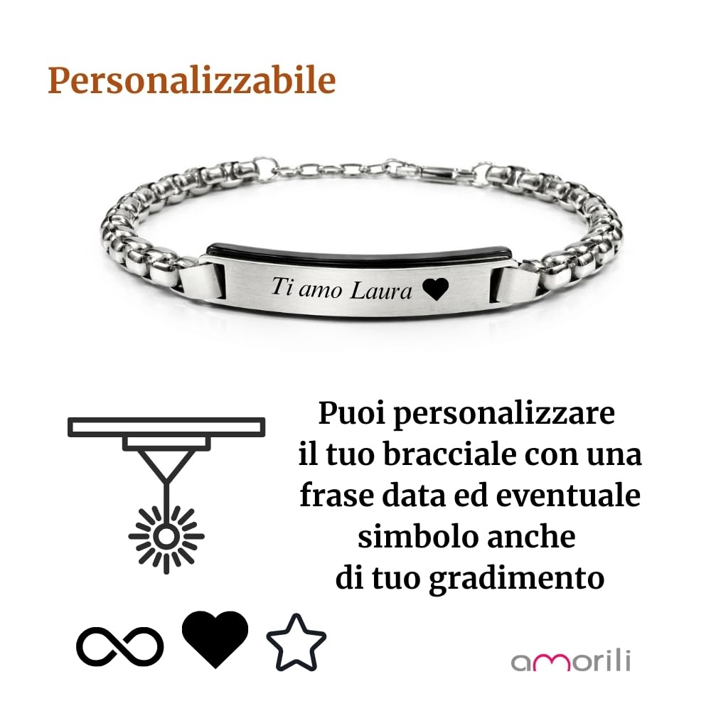 Bracciale Uomo Personalizzabile con Incisione in Acciaio Inox Classico e Nero – Gioiello Maschile Personalizzato con Frasi e Date – Idea Regalo Uomo bcc3175