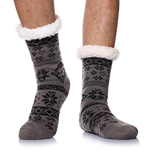 Mens Winter Thick Slipper Cozy Socks Soft Warm Thermal Fluffy Fleece Lined Non-Slip Home Fuzzy Sleeping Stockings (Grey Snowflake)