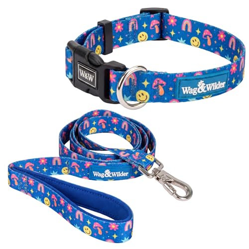Image of Wag and Wilder Heavy Duty Dog Collar and 5 FT Leash Set for Medium Dogs - Quick Release Buckle, Neoprene Padded Handle & Strong Metal Hook (Groovy Trails Blue)