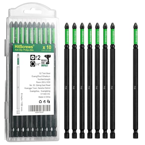 Image of Extra Long 6 Inch Anti Slip Phillips Bits #2, New Precision Laser-Etched Micro-Slip Grip, S2 Steel PH2 Impact Driver Magnetic Screwdriver Bits For Heavy-Duty Repairs and Assembly | 10 Pack