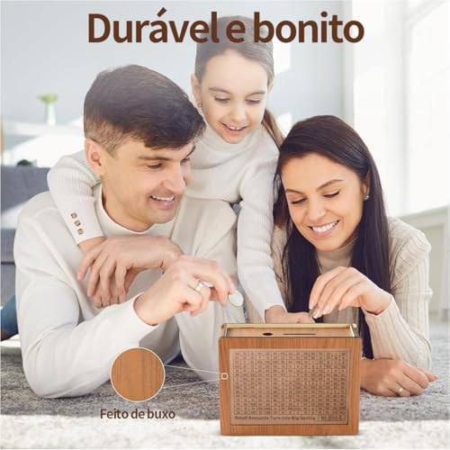 Caixa de madeira para guardar dinheiro, Cofrinho para adultos e crianças, Caixa de economia com cont