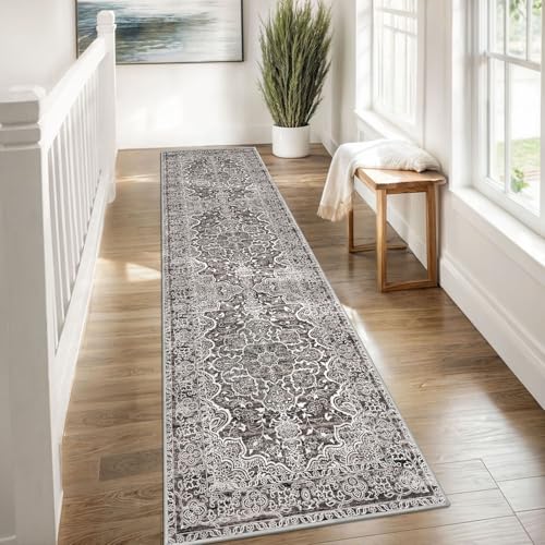 KUTA Hallways Runner Rug 2x8 Tan Grey, Vintage Floral Kitchen Rugs Non-Slip Washable Ultra Soft Printed Retro Distressed Flower Carpet Entryway Runners for Bedroom Laundry Nursery