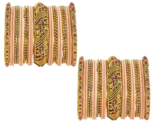 Image of NMII Metal with Zircon Gemstone and Beads Studded Ball Chain Linked Glossy Finished Velvet Bangles Chuda set for Women and Girls