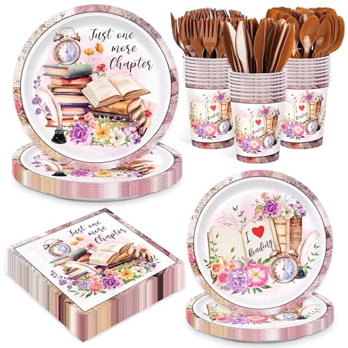 168pcs Book Themed Party Decorations Book Paper Plates Napkins Cups