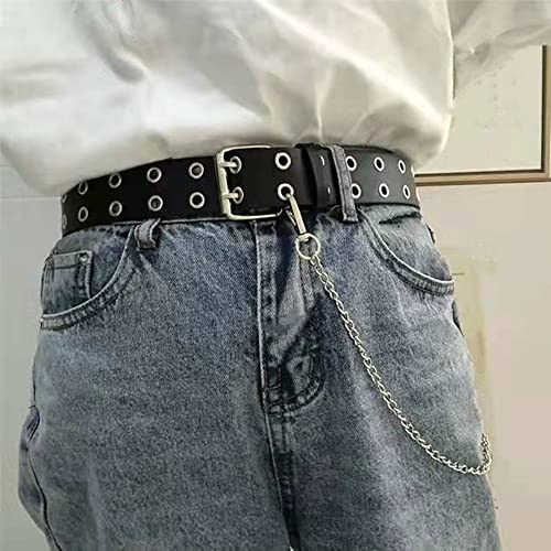 Women's 100x3.8cm PU Leather Double-Grommet Belt with Chain - Punk Rock Style, Adjustable, Black2