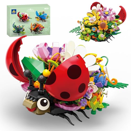 KAZI Bugs Building Toy Set,Ladybug Toys with Flower Accessories,Insect Collection Building Blocks for Kids Ages 8 and Up,Play and Display Gift Idea for Boys and Girls