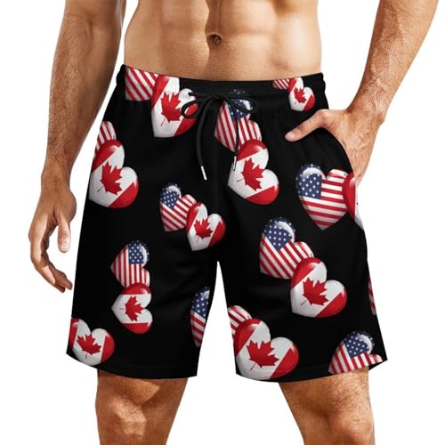 USA Canada Heart Country Flag American Canadian Mens Swim Trunks with Compression Liner Quick Dry Board Beach Shorts