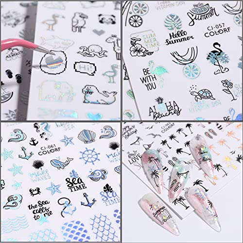Tropical Nail Art Self-Adhesive Stickers Palm Tree Seashell Mermaid Shape Nail Foil Supplies For Women Nail Decals Printed Ocean Hawaiian Style Designs Nail Designer Decorations In Summer 9Sheet #TOP1