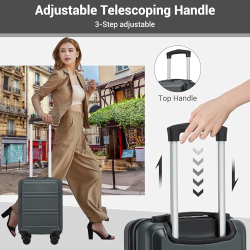 Kono 15 Inch Ryanair 40x30x20 Carry On Hand Luggage, Lightweight Hard Shell Cabin Bag, Small Suitcase with 4 Spinner Wheels (Grey/Black) - Image 5