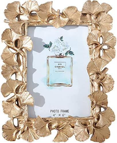 JOSON Vintage Photo Frame, Ginkgo Biloba Resin Gold Frame for Desktop Display and Wall Mount Home Decor (6 X8 Oblong)