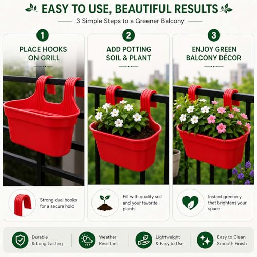 Image of Go Hooked 12 Inch Plastic Railing Hanging Planter Pot Set of 7 | Rectangular Flower Pots with Double Hook for Garden Fence Balcony Indoor Outdoor Home Decor | Durable Plant Container (Red)