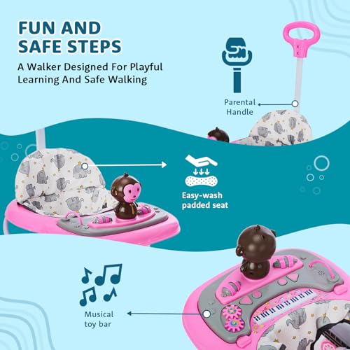 Image of Amazon Brand - Supples Baby Activity Walker with Parental Handle | BIS Certified | 3-Level Height Adjustment, Convertible Toy & Food Tray, Music, 360 Rotating Wheels | for 9+ Months | Grey & Pink