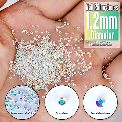 Image of 5760 Pieces Flatback Rhinestones for Nails 1.2MM Nail Rhinestones Gems Jewels Diamond Glass Mini AB Crystal Gemstones Bling Stones for Crafts Makeup Face Eyes,Transparent AB