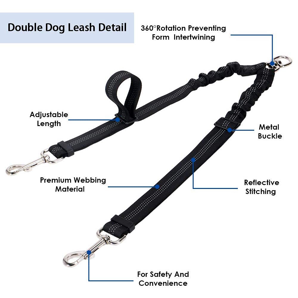 Double laisse pour chien, pas de nœuds, rotation à 360 °, 2 répartiteurs de laisse pour chien, très résistant, élastique, pour promener les chiots de petite, moyenne et grande taille (rouge)