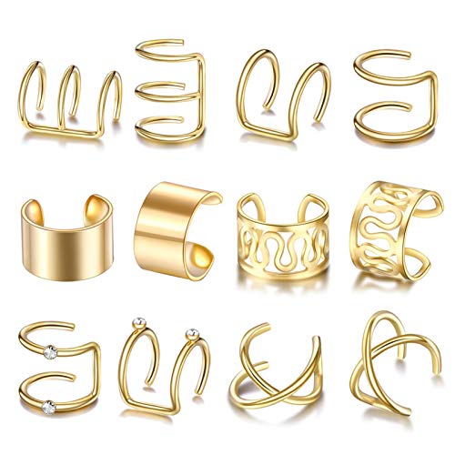 Ear Cuff Cartilage Clip On Earrings Set Non Piercing Helix Cartilage Ear Clip Stainless Steel Metal Ear Clip Fake Cartilage Earring for Men Women HipHop Punk Jewelry(gold)
