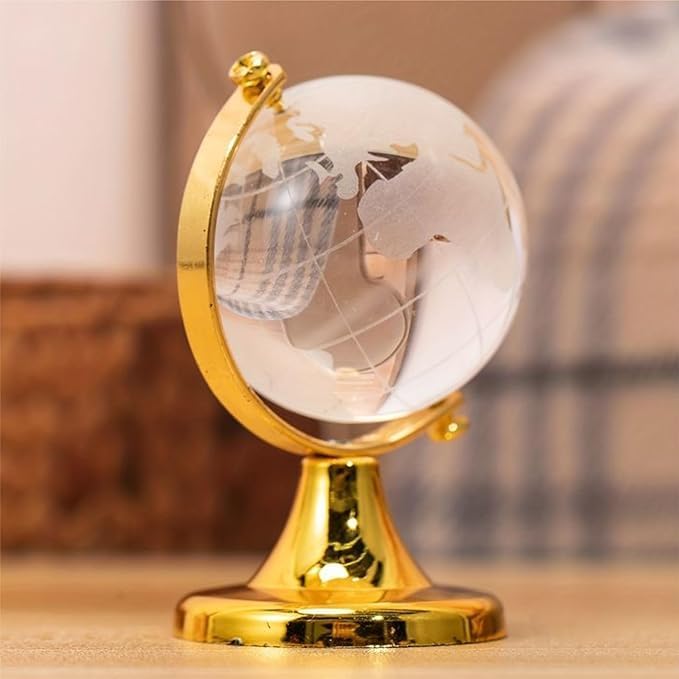 Vedeek Collections Feng Shui Crystal Globe for Office Students Study Table Small Size Crystal Glass Earth Globe with Golden Stand for Kids Learning Home Decor (6 Cm Height) (Glass, Golden Stand)