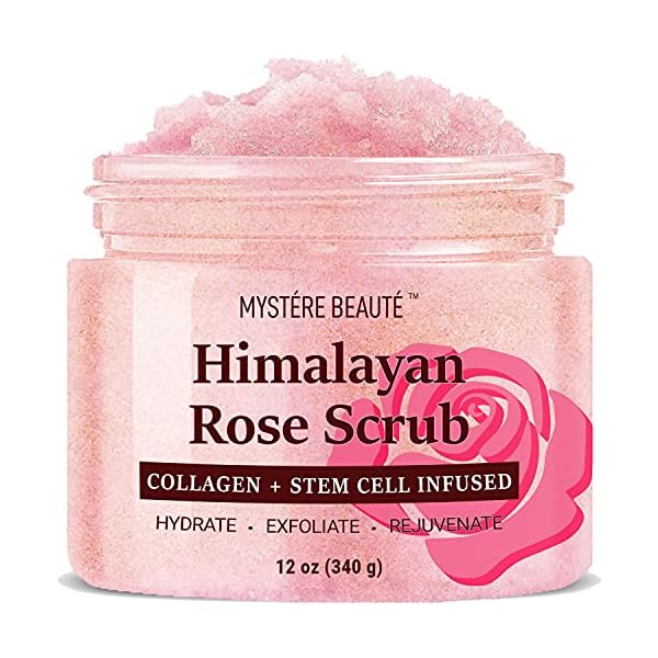 Mystere-Beaute-Himalayan-Salt-Body-Scrub-Infused-with-Collagen-and-Stem-Cell-Exfoliating-Salt-Scrub-with-Rose-and-Mica-Deep-Cleansing-Scrub-for-Acne-Scars-Wrinkles-Exfoliates-and-Moisturizes-Skin-12-o MYSTÃRE BEAUTÃ Himalayan Salt Body Scrub 12 oz - with Collagen and Stem Cells - Exfoliating Salt Scrub for Cellulite - Deep Cleansing for Acne, Scars, Wrinkles - Moisturizes Skin