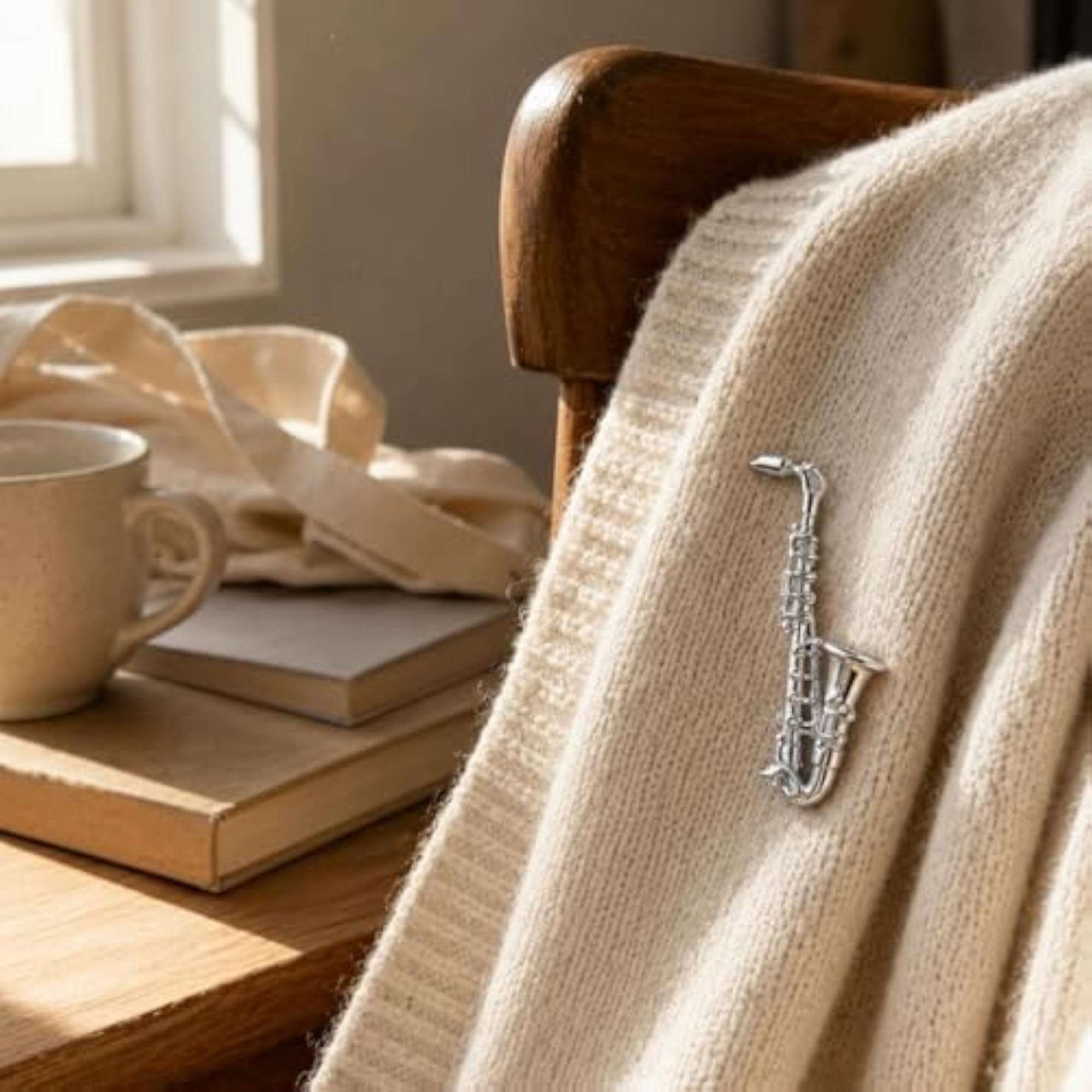 Miniature Saxophone Brooch, Polished Metal Music Clasp