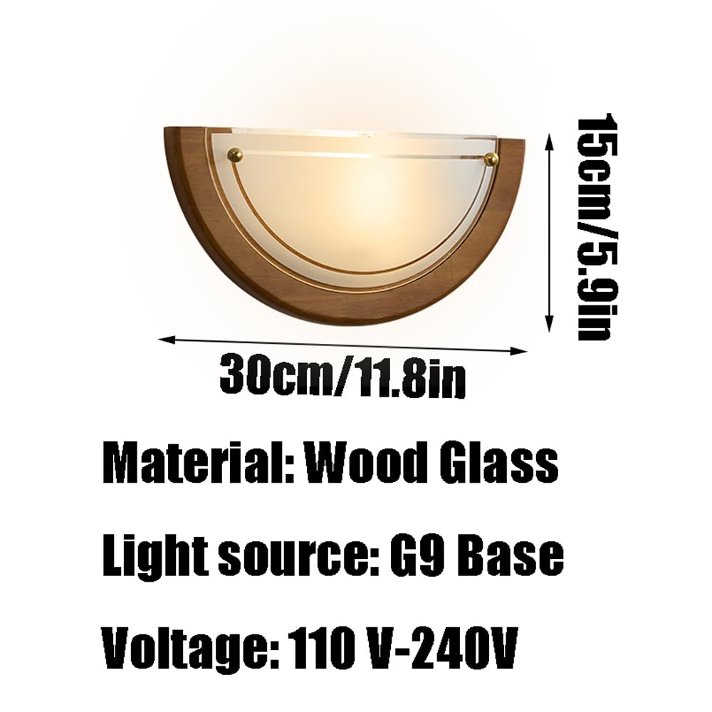 Applique da parete semicircolare in legno e vetro, stile industriale nordico, con sorgente luminosa G9, ideale per soggiorno, corridoio e comodino.