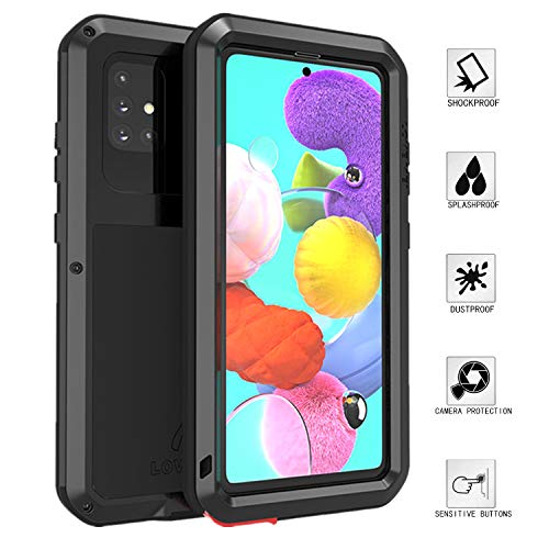 LOVE MEI Samsung Galaxy A51 Coque, Aluminium Métal + Verre trempé étanche Antichoc Militaire Heavy Duty Robuste Couverture Housse Coque, pour Samsung Galaxy A51 (A51, Noir)