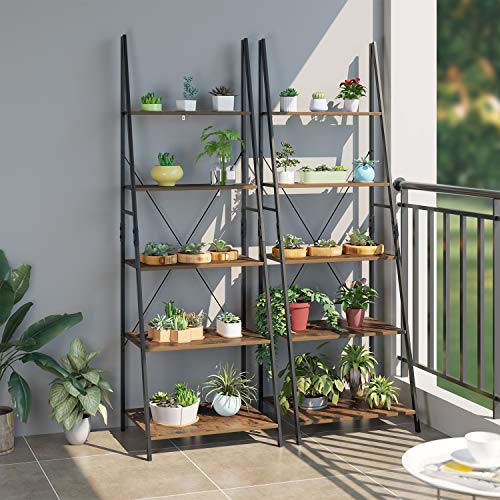HOMFA Ladder Shelf, 5 Tier Vintage Bookcase, Multifunctional Bookshelf Plant Flower Stand Storage Rack Shelves, Wood Look Accent Metal Frame Modern Furniture Home Office