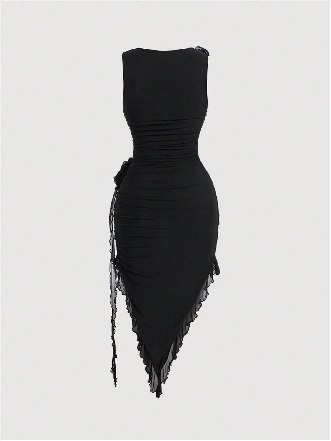 OYOANGLE Women's Bodycon Dress 3D Floral Ruched Round Neck Sleeveless Ruffle Hem Midi Dress - Image 2