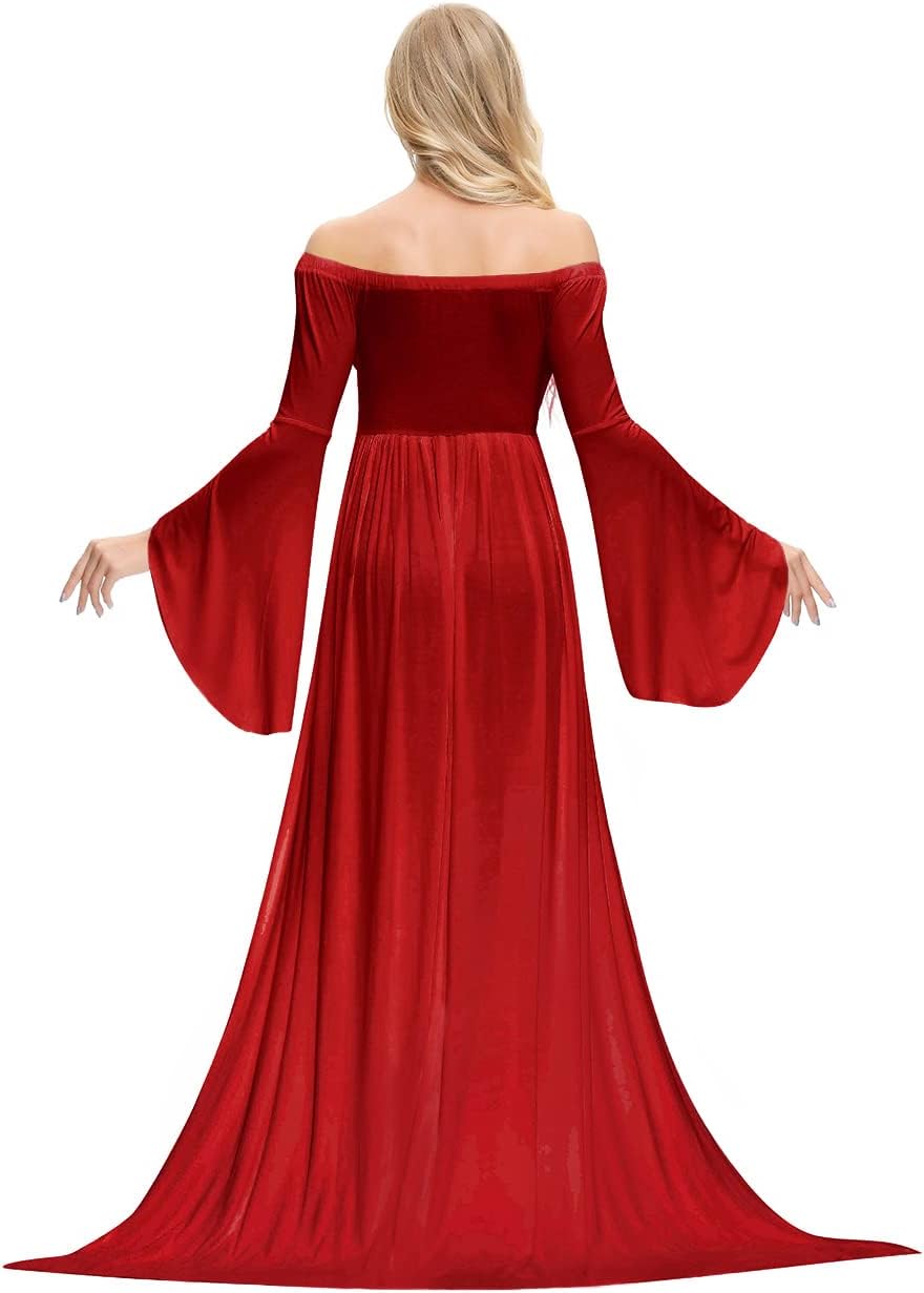 VSNOW Maternity Dress for Photoshoot Off Shoulder Drop Sleeve Photo Prop Dress Split Gown Maxi Photography Dresses