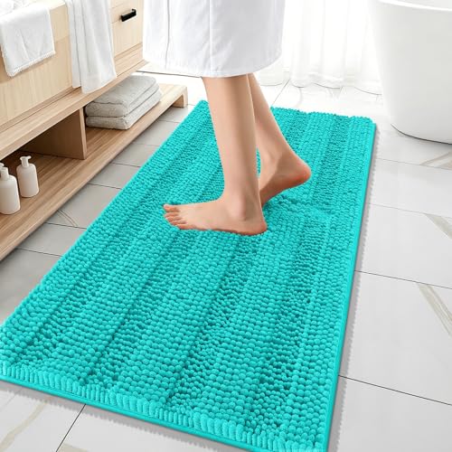 Image of OLANLY Thick Bathroom Runner Rugs 47x20, Extra Absorbent Chenille Striped Bath Rugs, Rubber Backing, Machine Wash Dry, Long Bath Mats for Bathroom Floor, Tub and Shower, Home Decor Accessories, Teal