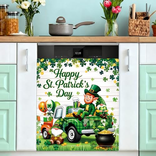 Image of St Patricks Day Dishwasher Magnet Cover Lucky Shamrocks Clover Dishwasher Magnetic Covers for Kitchen 23x26 in St Patrick's Home Decor Refrigerator Magnets Sticker Green Fridge Panel