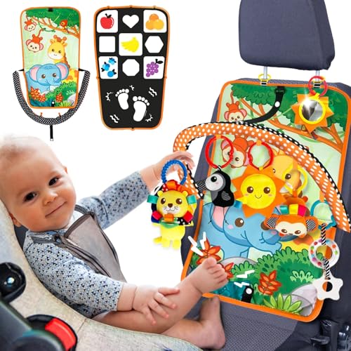 Image of Innofans Baby Car Seat Animals Toys - Kick and Play Double Sided Infant Car Seat Toys with Plush Toys, Mirror, Teether for Baby, Babys Travel Activities, Christmas Birthday Gifts Newborn Infant Toys