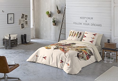 Euromoda Boho Feathers Funda Nórdica, algodón, Beige, Cama 90