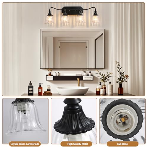 Image of LmnLvn 4-Light Bathroom Vanity Light, Matte Black with Crystal Glass Shade