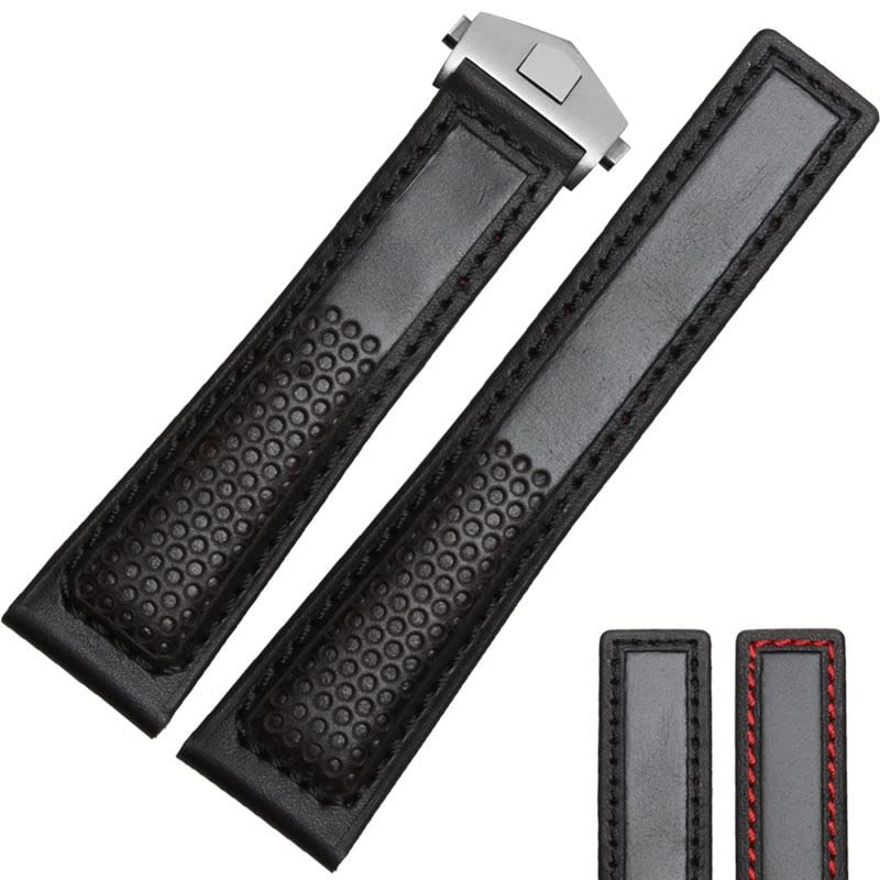 Bracelet de montre en cuir véritable de vachette haute qualité noir et rouge - 5
