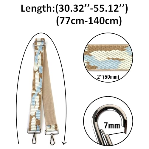 Image of Beige Sky Blue Camouflage Purse Strap with Silver Hardware 2 Inch Wide Replacement Crossbody Guitar Style Shoulder Strap for Handbags Totes