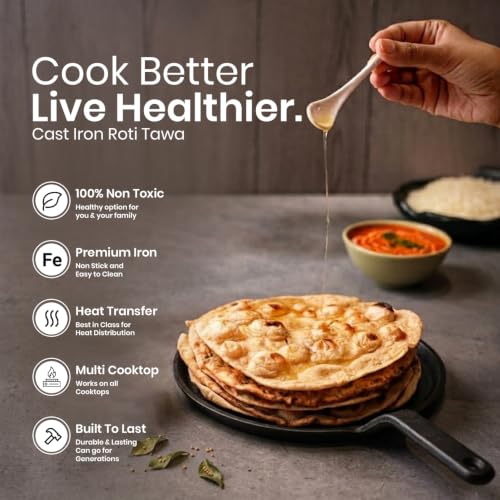 Image of HomeEssentials Premium 26cm Cast Iron Tawa /Dosa Tawa | Flat Griddle with Long Handle | Perfect for Crispy Dosas, Rotis, Chapatis, Paranthas & Pancakes | Heavy-Duty, Induction & Gas Stove Friendly