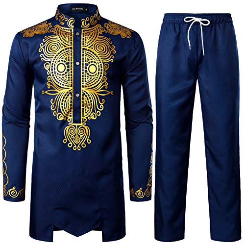 LucMatton Mens African Attire 2 Piece Set Long-Sleeve Gold Foil Printing Dashiki and Pants Outfit Traditional Suit Indigo Blue Large