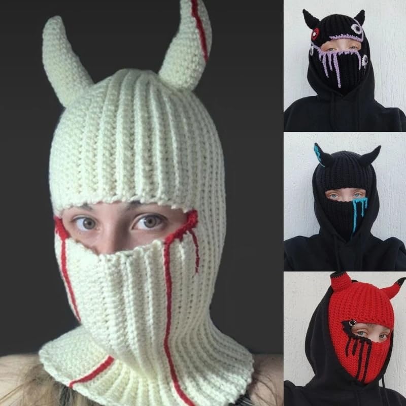 Funny Devil Horns Knitted Beanies Hat for Men Women Warm Balaclava Hat Full Face Ski Mask Hat - Image 5