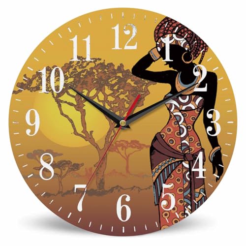 Mxocom Horloge murale noire avec robe ethnique, 25,4 cm, silencieuse, sans tic-tac, fonctionne à piles, horloge ronde vintage pour salon, chambre à coucher, salle de...