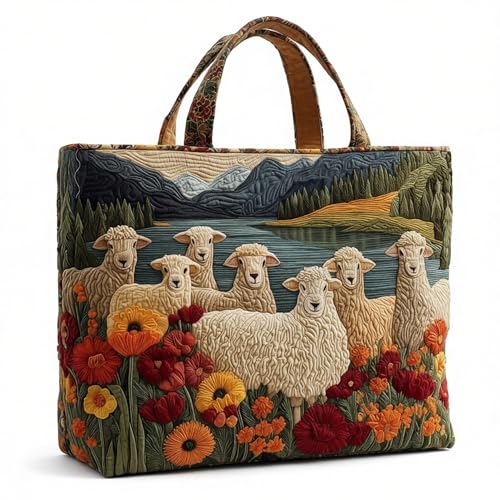 Aodejoy Tragetasche mit Schaf, Handgefertigt Schaf Tasche Lustige Schafmotiv Stickerei Gesteppte Einkaufstasche fur Tierliebhaber, Gepolstertem Griff (#8)