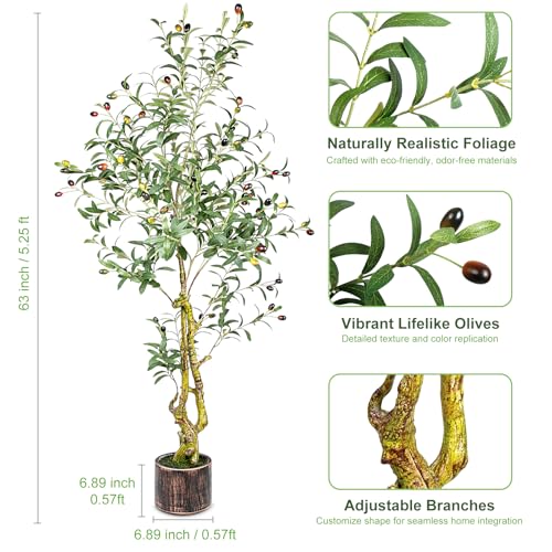 5FT Artificial Olive Tree Indoor - Lifelike Fake Olive Tree with Branches, Leaves & Fruits, Realistic Faux Tree for Bathroom, Office, Bedroom Decor, Compact Home Decor Plants - Image 4