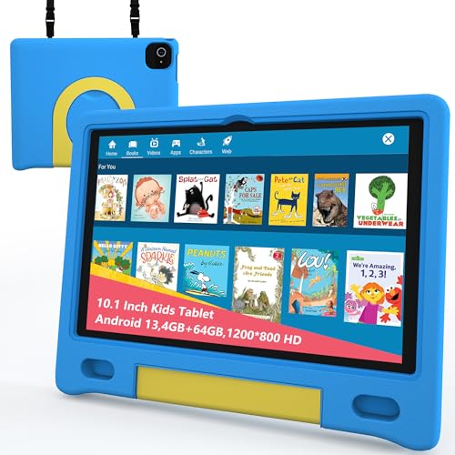 NOBKLEN 10.1 Inch Kids Tablet with Shockproof Case | Android 14, 64GB+8GB RAM, 12H Battery | Parental Control, Google Kids Space & Preloaded Educational Apps | WiFi 6, HD Display, Ages 3-12