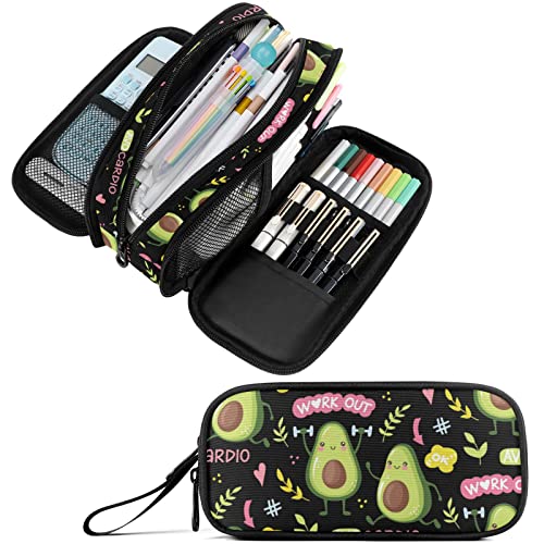 Image of Fustylead Cute Avocado Pencil Pen Case Stationery Bag, 3 Compartments School College Office Desk Organizer Storage Pouch Makeup Bag for Teen Boys Girls Students