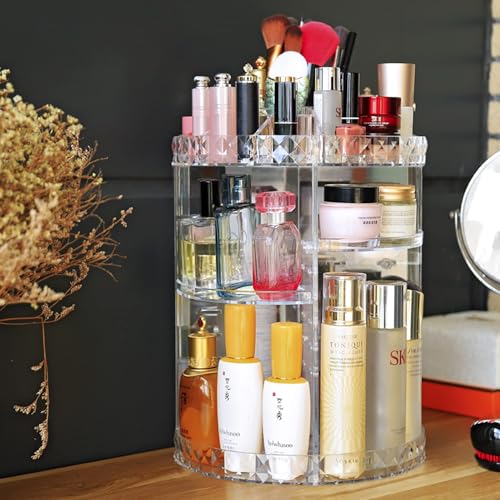 Image of JessLab Makeup Organizer, 360 Degree Rotating Adjustable Cosmetic Organizer Makeup Storage Carousel Brush Lipstick Holder for Bathroom Vanity, Multi-Function and Large Capacity, Diamond Pattern