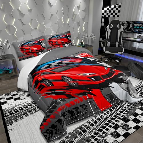 Sports Car Comforter Set Queen,Red Race Car Extreme Sport Bedding Set 3pcs for Kids Teens Boys,Competitive Gaming Duvet Insert Set Black White Grid Quilted Duvet Set with 2 Pillowcases,Grey